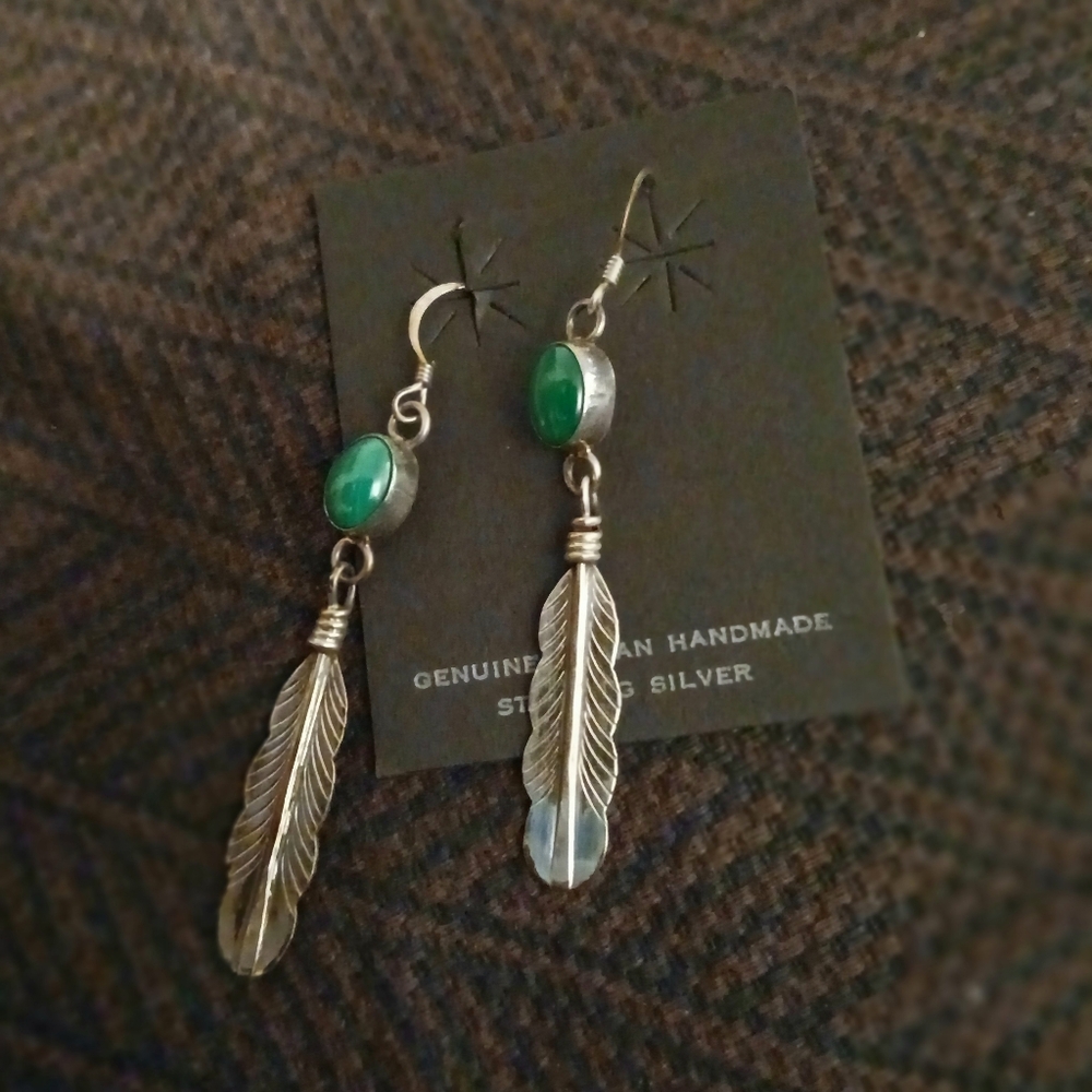 Silver Feather Earrings with Green Stone